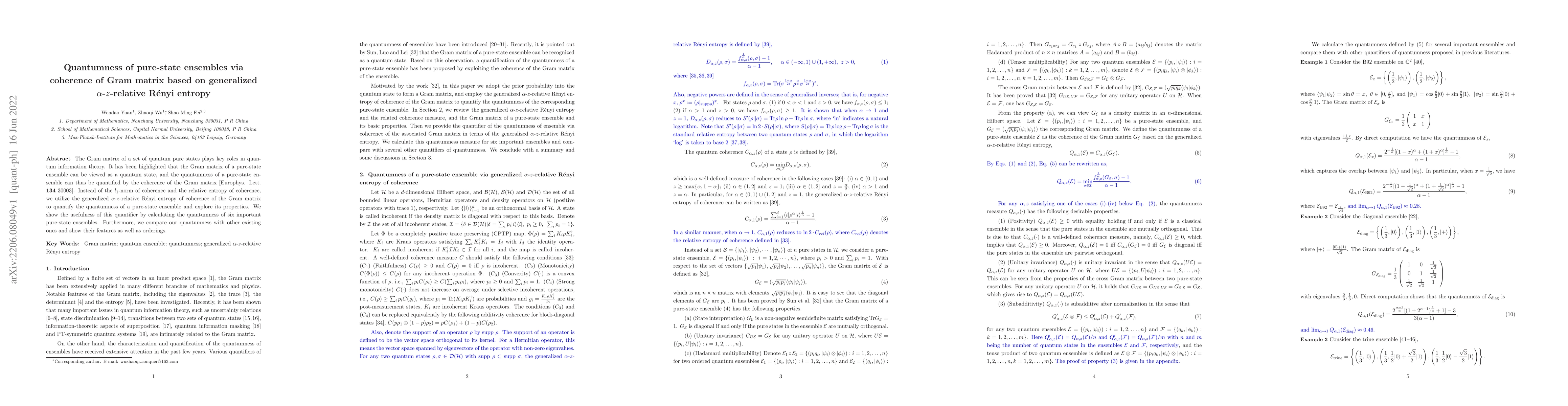 Thumbnail for Quantumness of pure-state ensembles via coherence of Gram matrix based
  on generalized $\alpha$-$z$-relative R\'enyi entropy