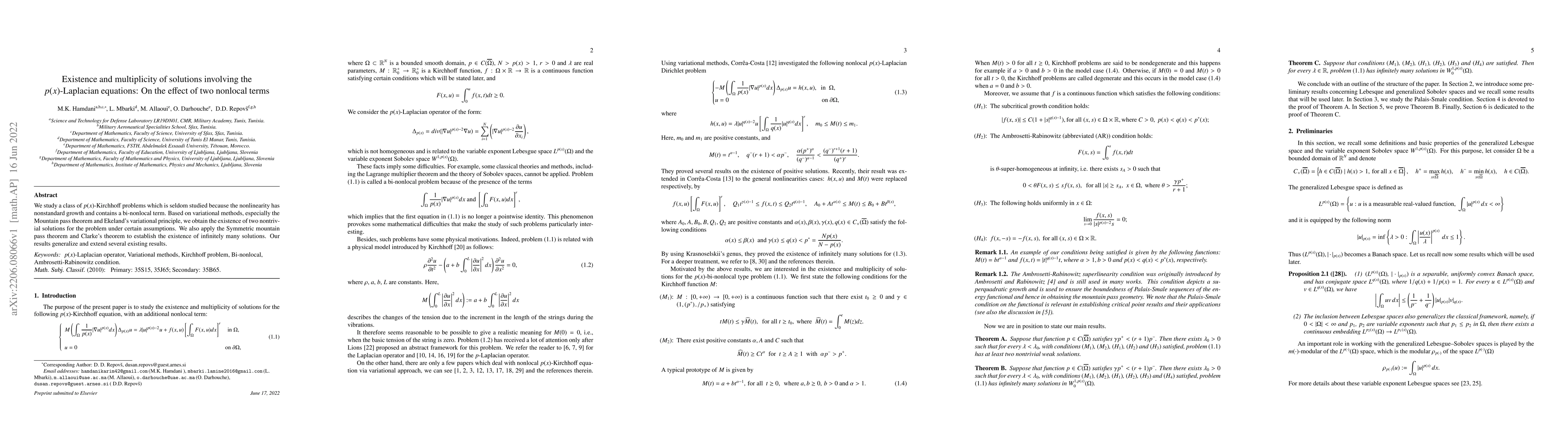 Thumbnail for Existence and multiplicity of solutions involving the $p(x)$-Laplacian
  equations: On the effect of two nonlocal terms