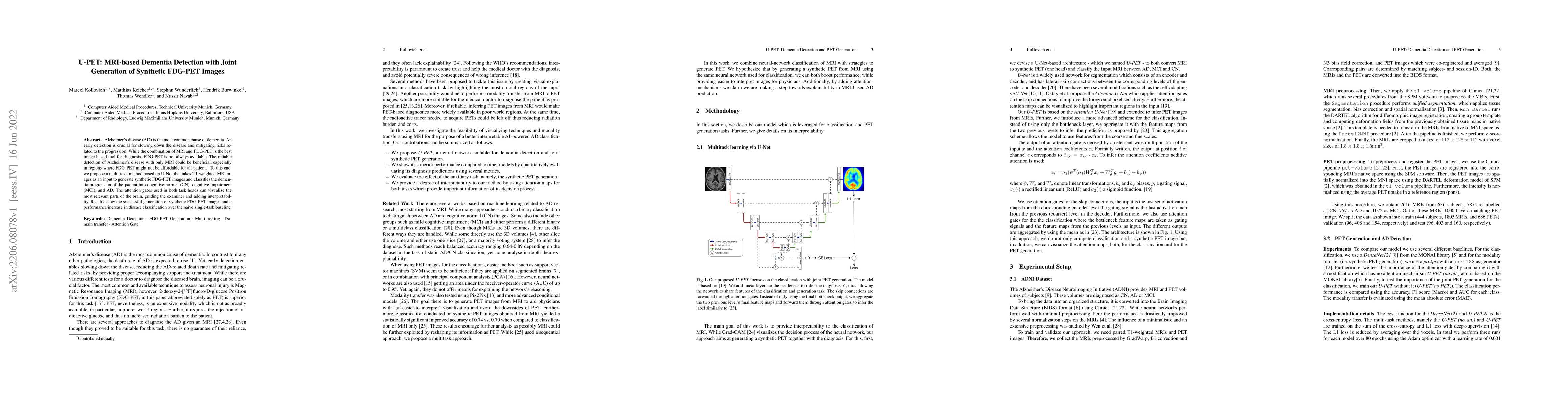 Thumbnail for U-PET: MRI-based Dementia Detection with Joint Generation of Synthetic
  FDG-PET Images