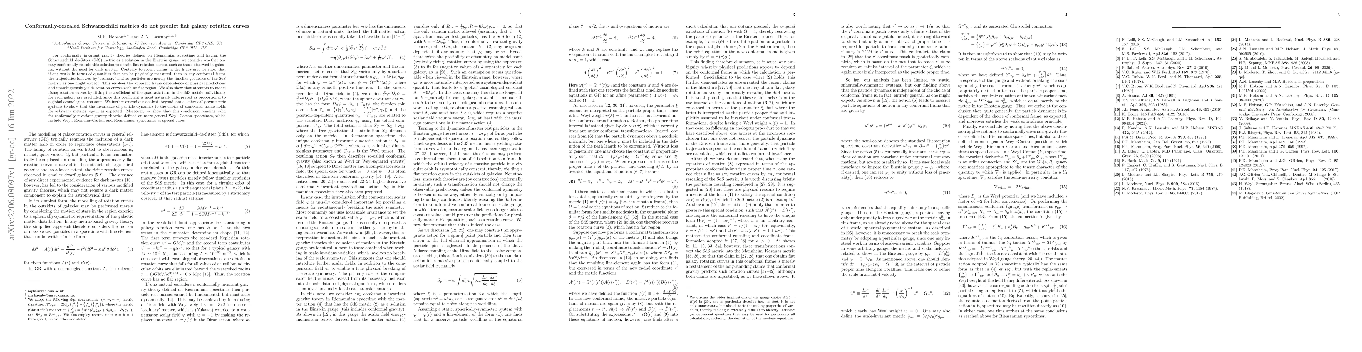 Thumbnail for Conformally-rescaled Schwarzschild metrics do not predict flat galaxy
  rotation curves