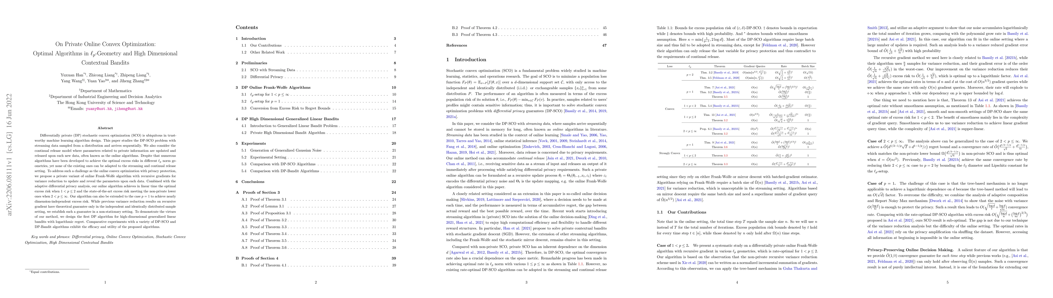 Thumbnail for On Private Online Convex Optimization: Optimal Algorithms in
  $\ell_p$-Geometry and High Dimensional Contextual Bandits