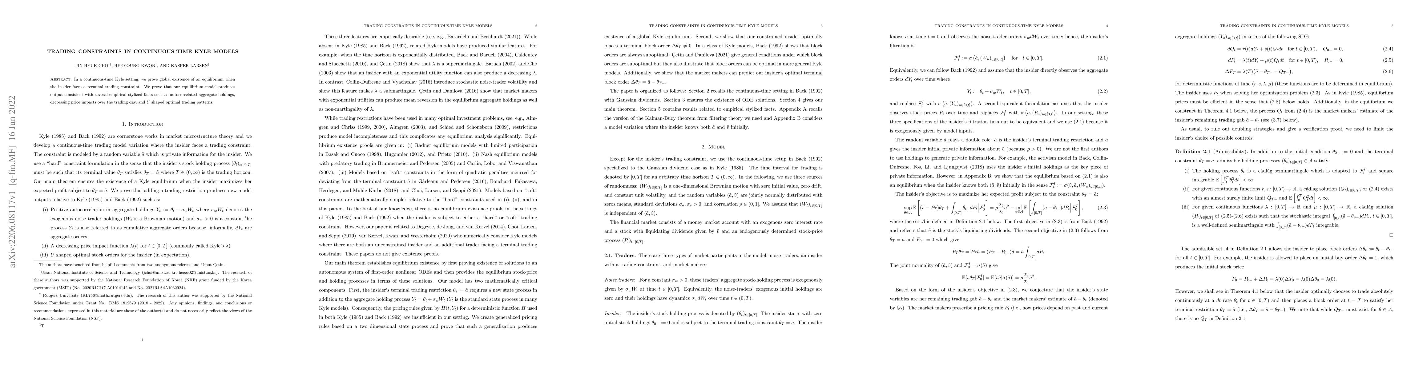 Thumbnail for Trading constraints in continuous-time Kyle models
