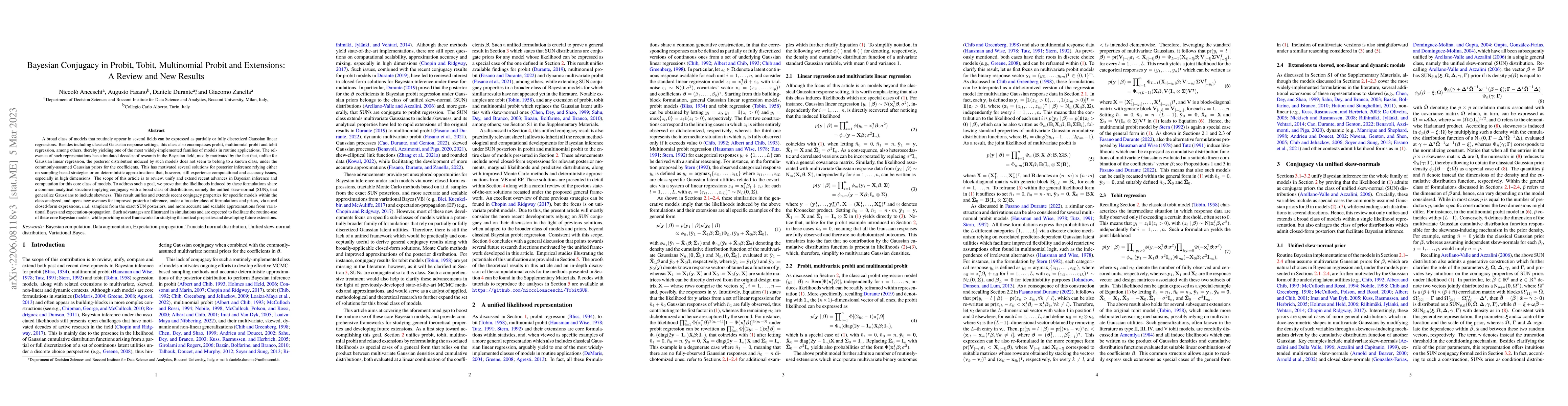Thumbnail for Bayesian conjugacy in probit, tobit, multinomial probit and extensions:
  A review and new results