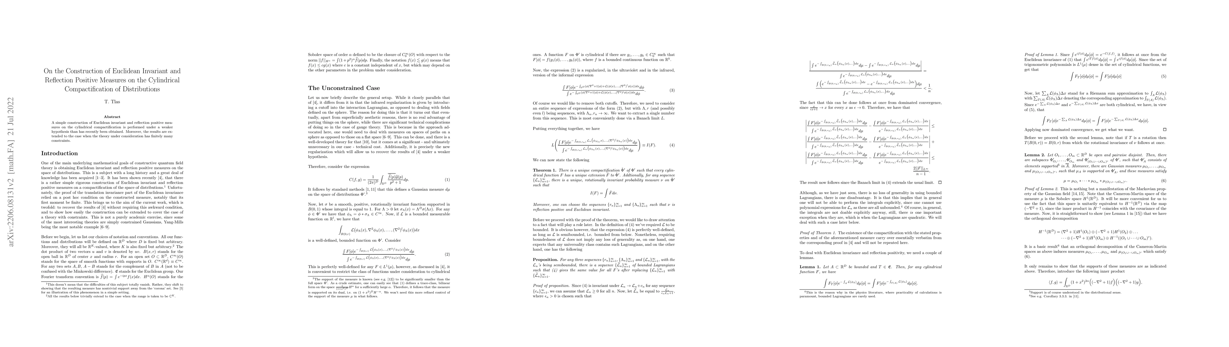 Thumbnail for On the Construction of Euclidean Invariant and Reflection Positive
  Measures on the Cylindrical Compactification of Distributions