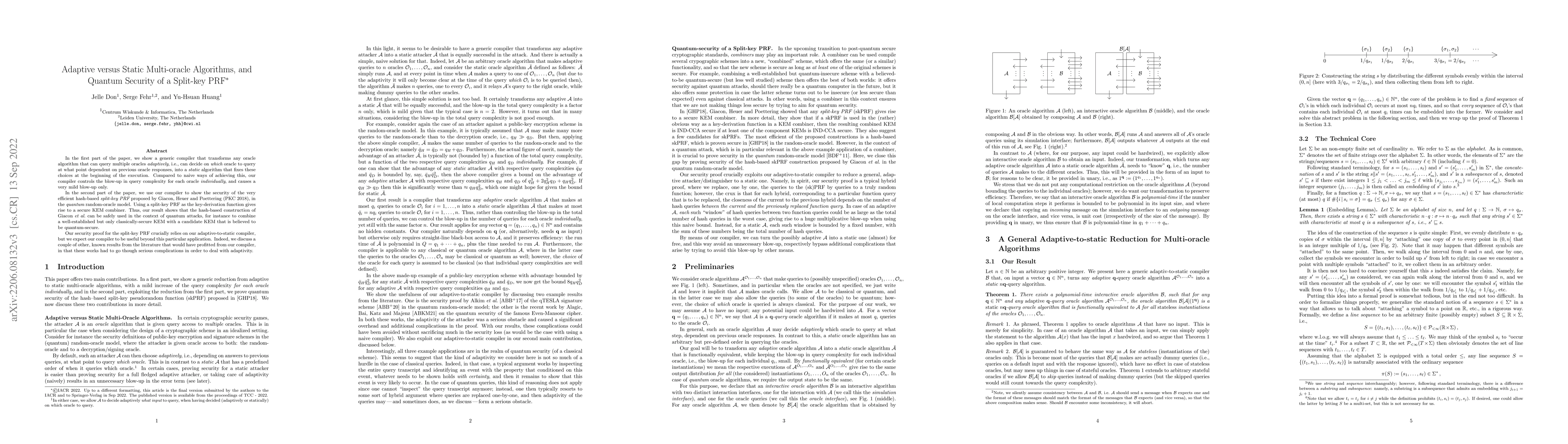 Thumbnail for Adaptive versus Static Multi-oracle Algorithms, and Quantum Security of
  a Split-key PRF