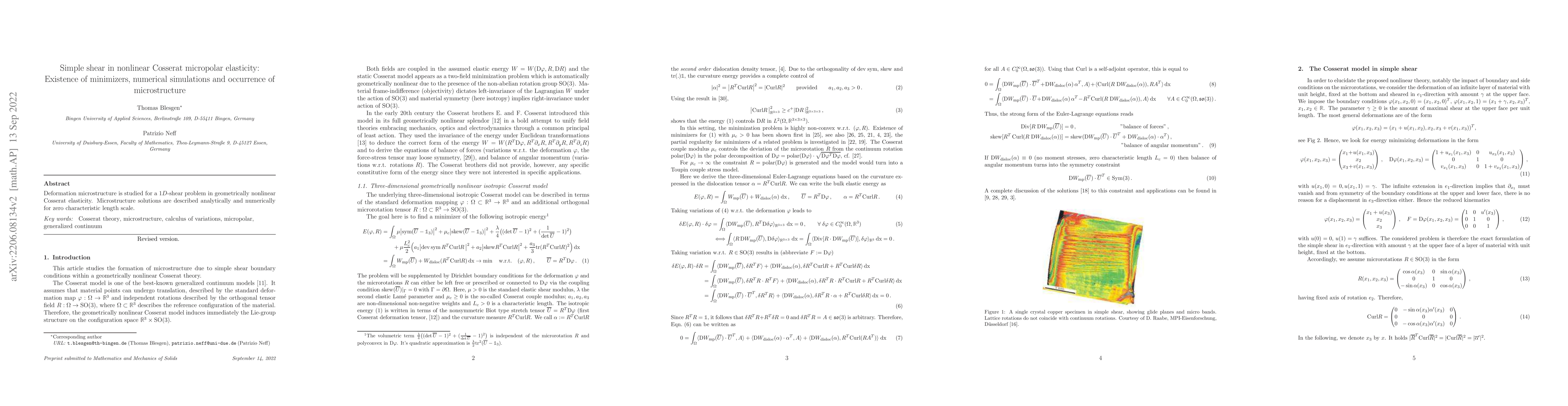 Thumbnail for Simple shear in nonlinear Cosserat micropolar elasticity: Existence of
  minimizers, numerical simulations and occurrence of microstructure