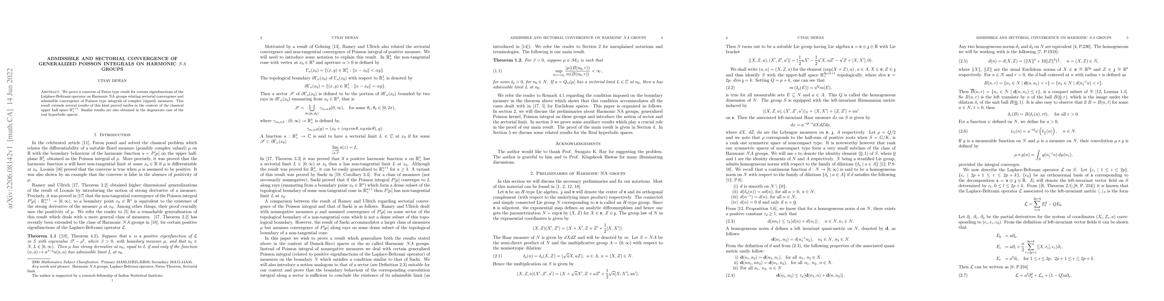 Thumbnail for Admissible and sectorial convergence of generalized Poisson integrals on
  Harmonic $NA$ groups
