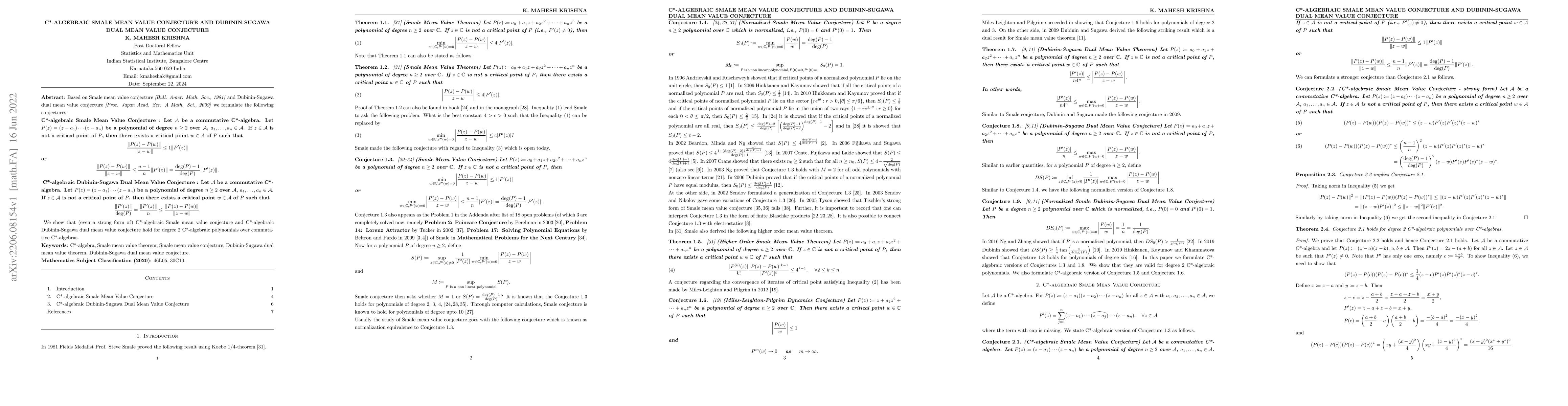 Thumbnail for C*-algebraic Smale Mean Value Conjecture and Dubinin-Sugawa Dual Mean
  Value Conjecture