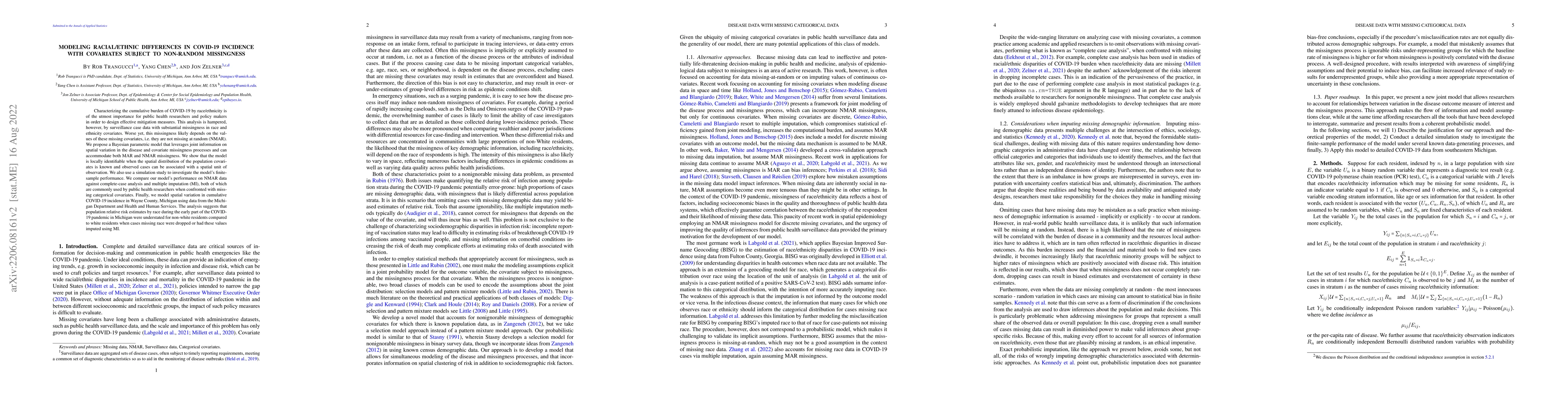 Thumbnail for Modeling racial/ethnic differences in COVID-19 incidence with covariates
  subject to non-random missingness