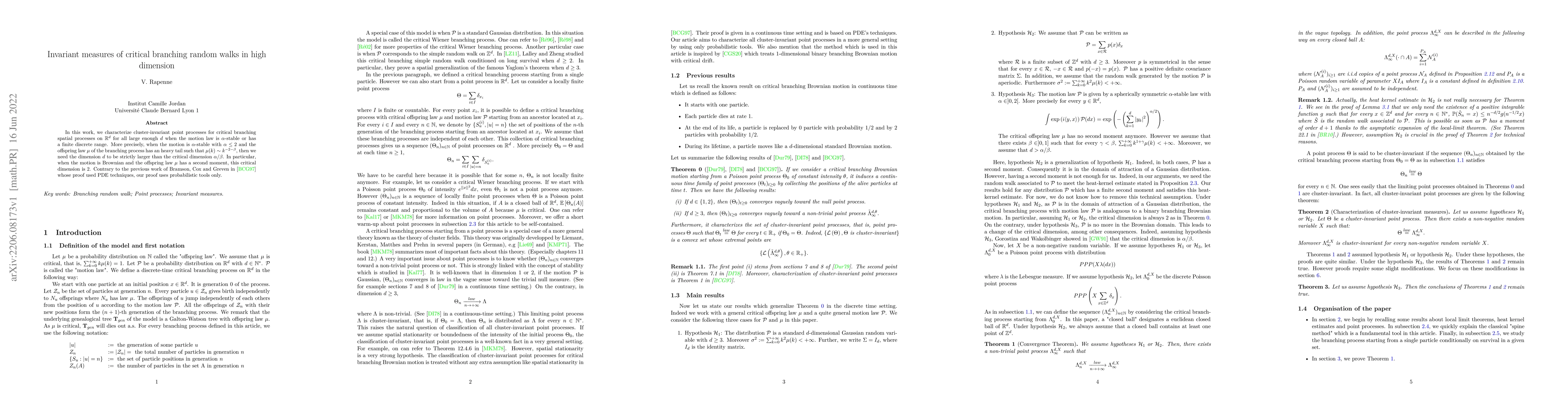 Thumbnail for Invariant measures of critical branching random walks in high dimension