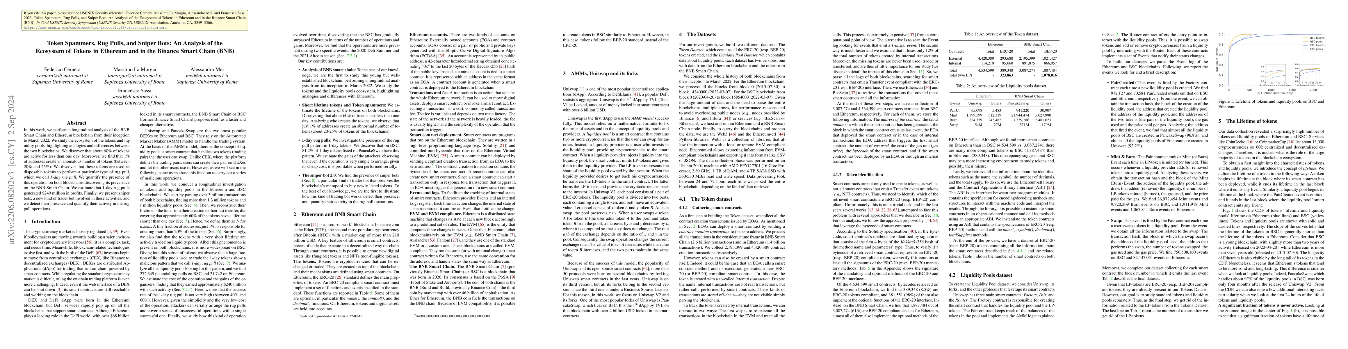 Thumbnail for Token Spammers, Rug Pulls, and SniperBots: An Analysis of the Ecosystem
  of Tokens in Ethereum and the Binance Smart Chain (BNB)