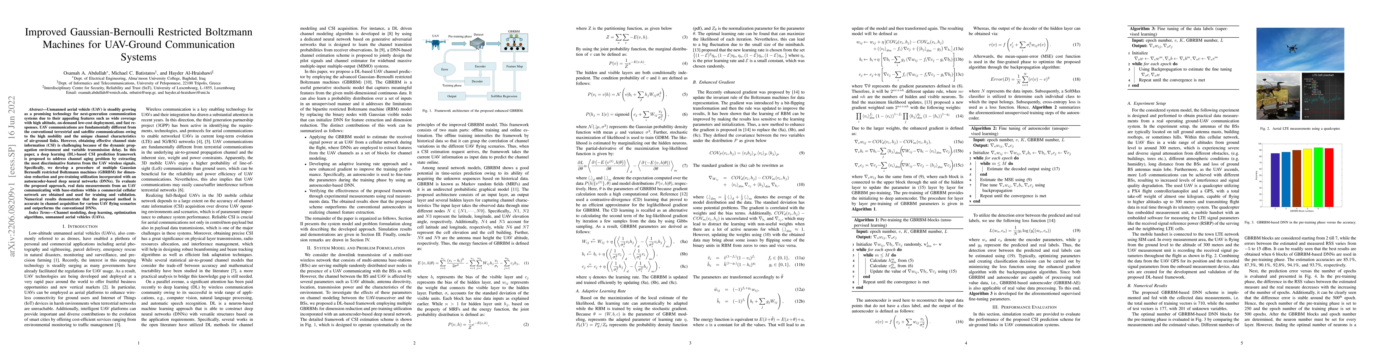 Thumbnail for Improved Gaussian-Bernoulli Restricted Boltzmann Machines for UAV-Ground
  Communication Systems