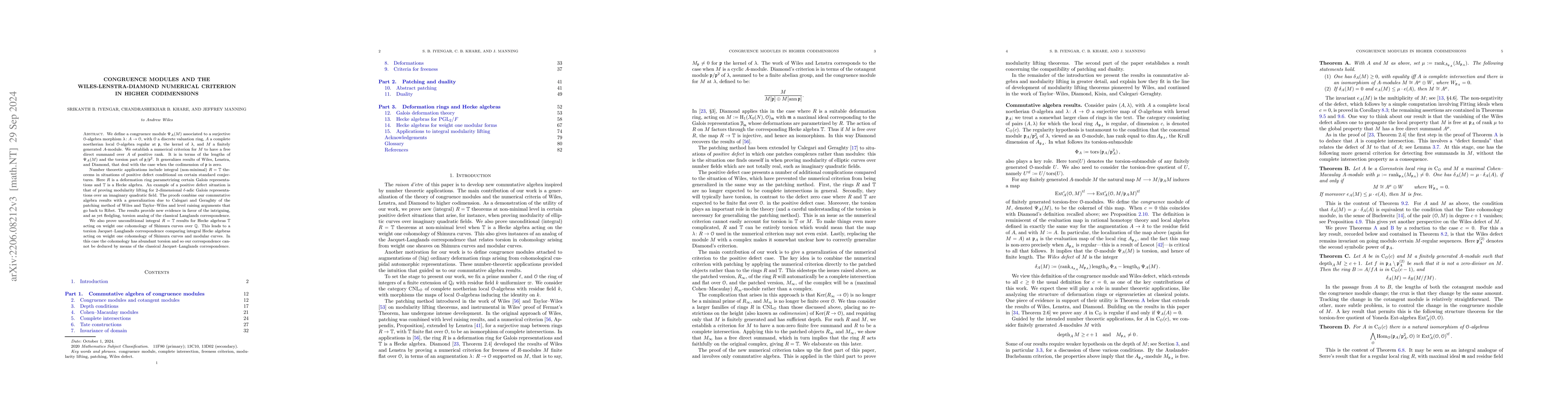 Thumbnail for Congruence modules and the Wiles-Lenstra-Diamond numerical criterion in
  higher codimensions