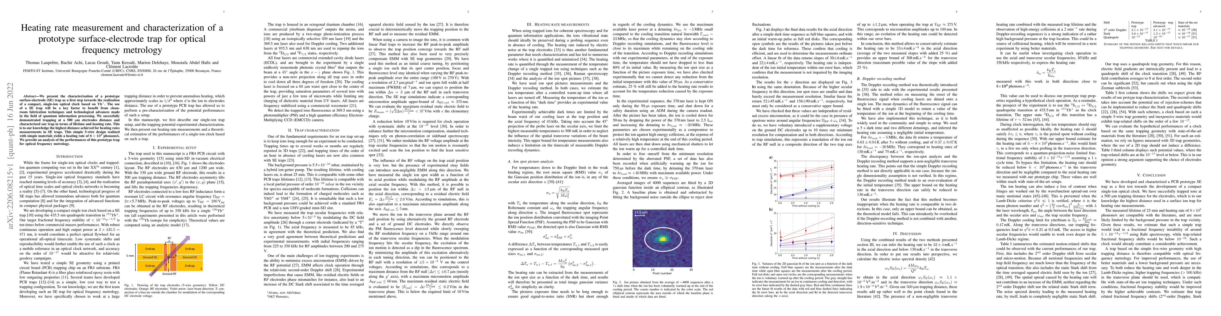 Thumbnail for Heating rate measurement and characterization of a prototype
  surface-electrode trap for optical frequency metrology