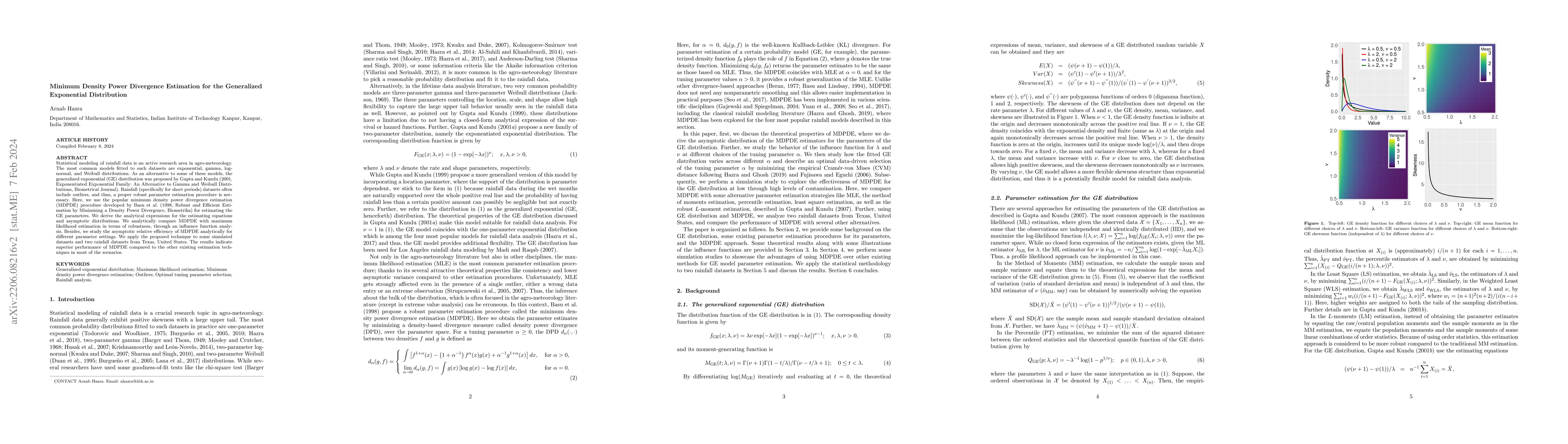 Thumbnail for Minimum Density Power Divergence Estimation for the Generalized
  Exponential Distribution