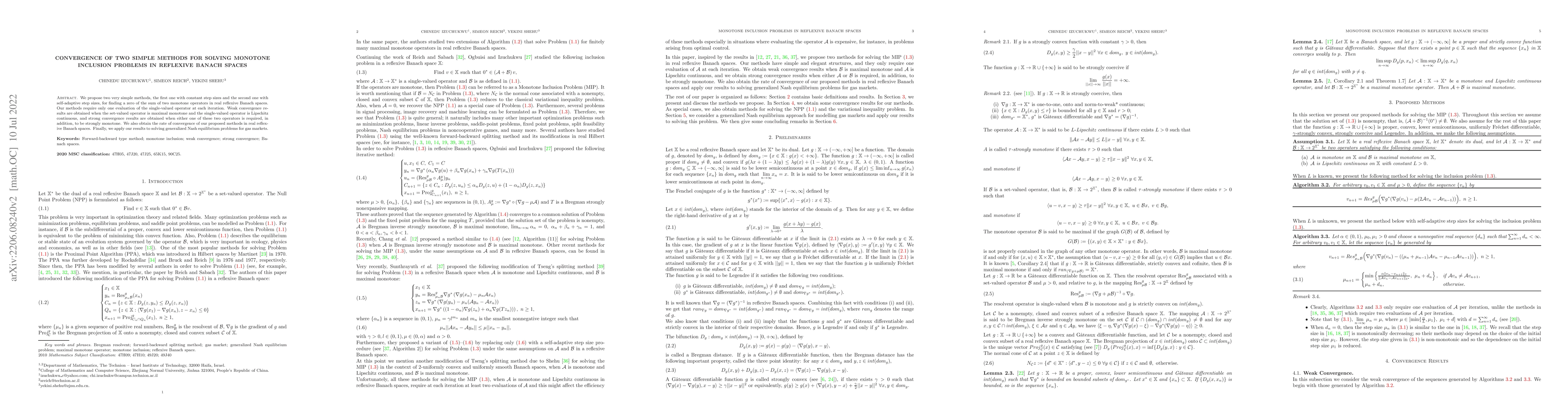 Thumbnail for Convergence of Two Simple Methods for Solving Monotone Inclusion
  Problems in Reflexive Banach Spaces