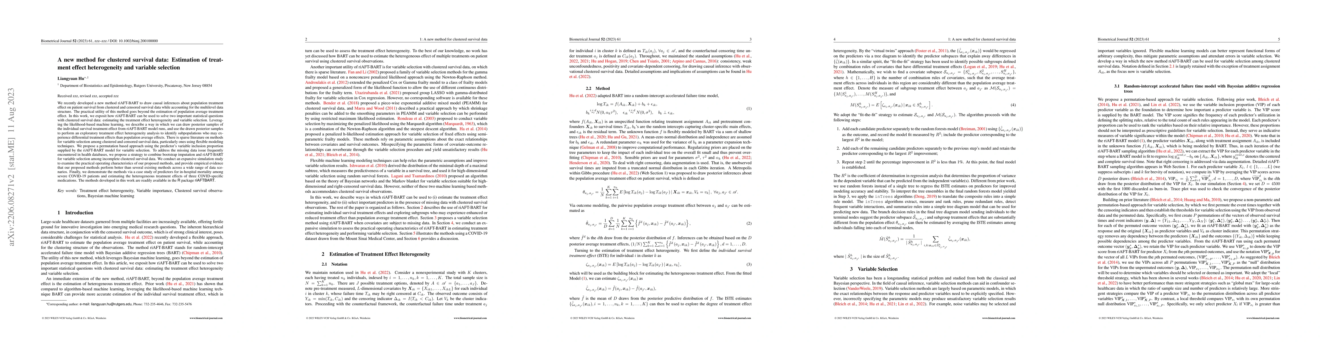 Thumbnail for A new method for clustered survival data]{A new method for clustered
  survival data: Estimation of treatment effect heterogeneity and variable
  selection