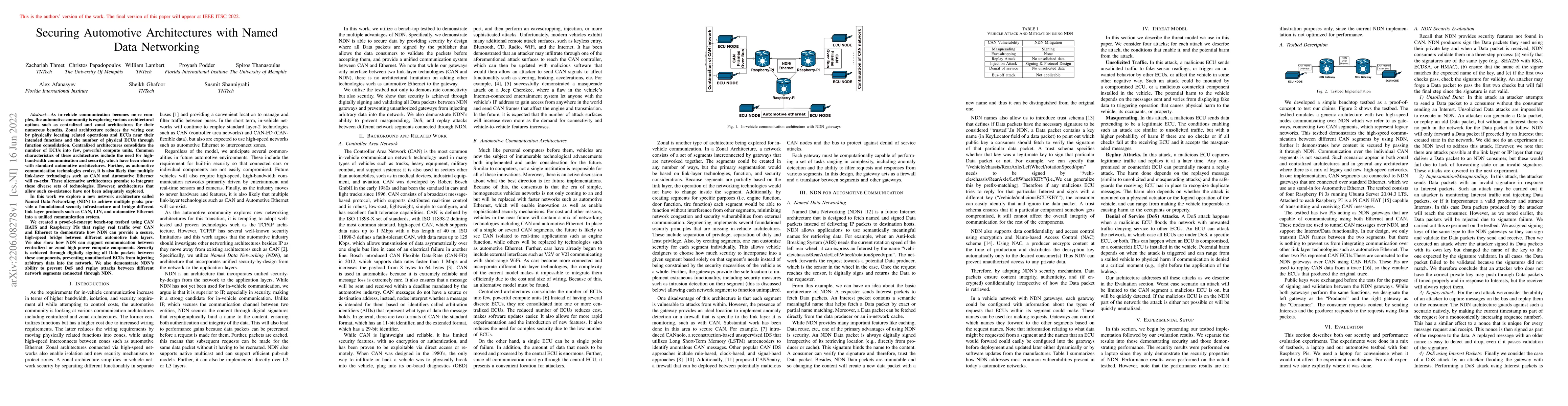 Thumbnail for Securing Automotive Architectures with Named Data Networking