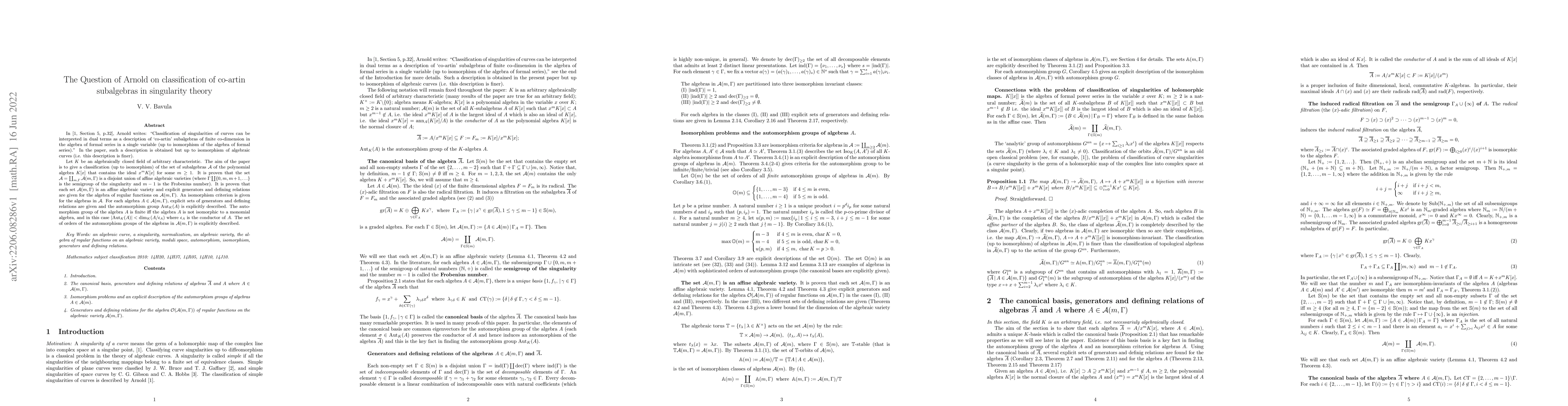 Thumbnail for The Question of Arnold on classification of co-artin subalgebras in
  singularity theory