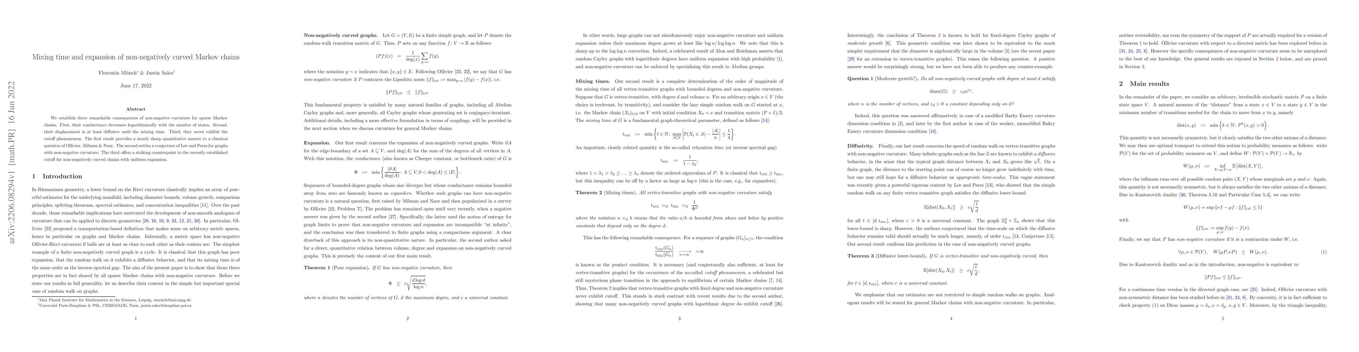 Thumbnail for Mixing time and expansion of non-negatively curved Markov chains