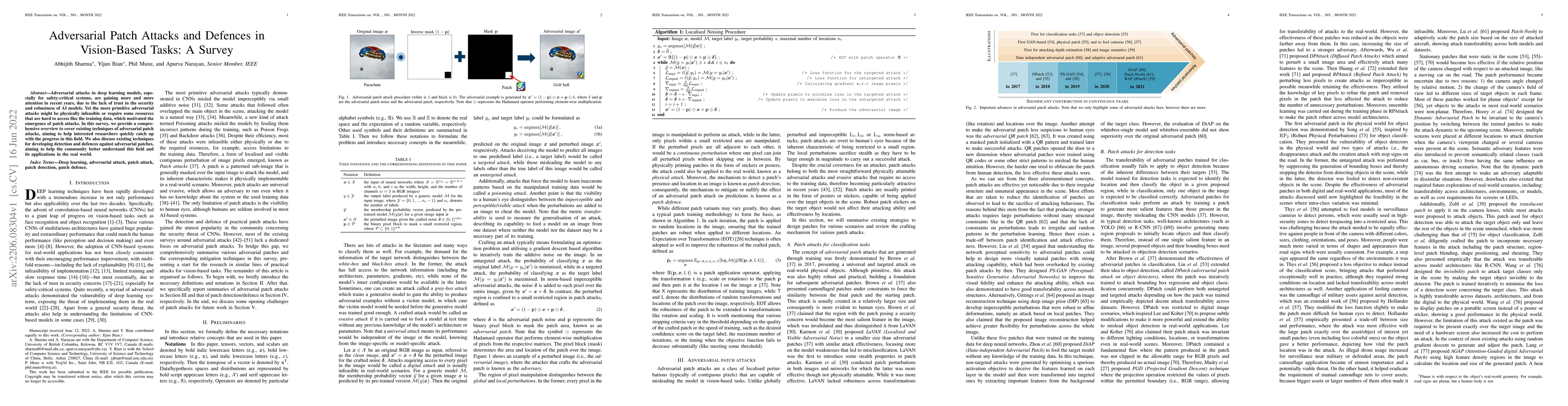 Thumbnail for Adversarial Patch Attacks and Defences in Vision-Based Tasks: A Survey