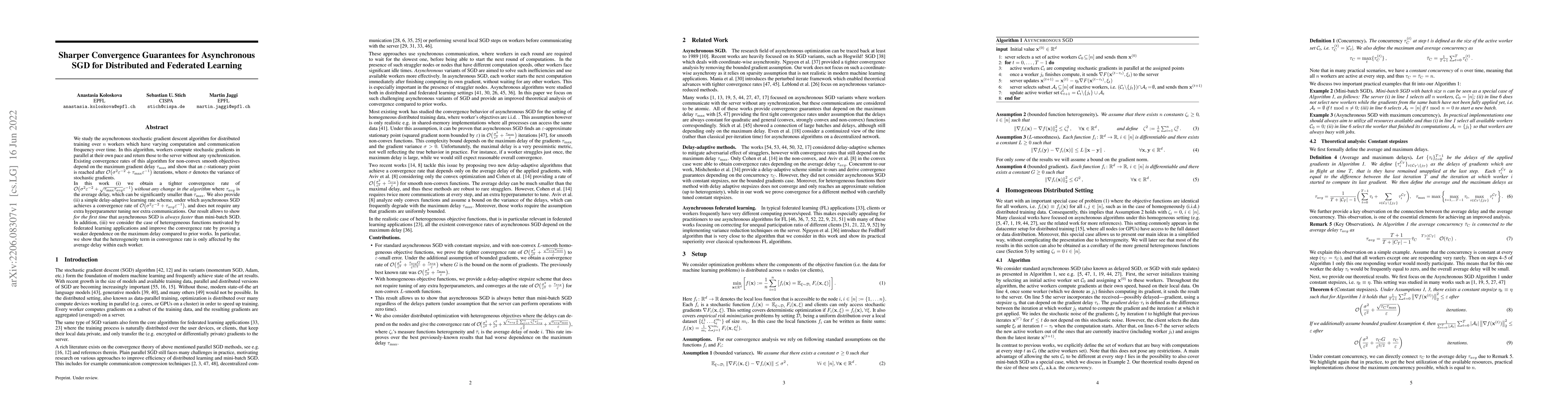 Thumbnail for Sharper Convergence Guarantees for Asynchronous SGD for Distributed and
  Federated Learning