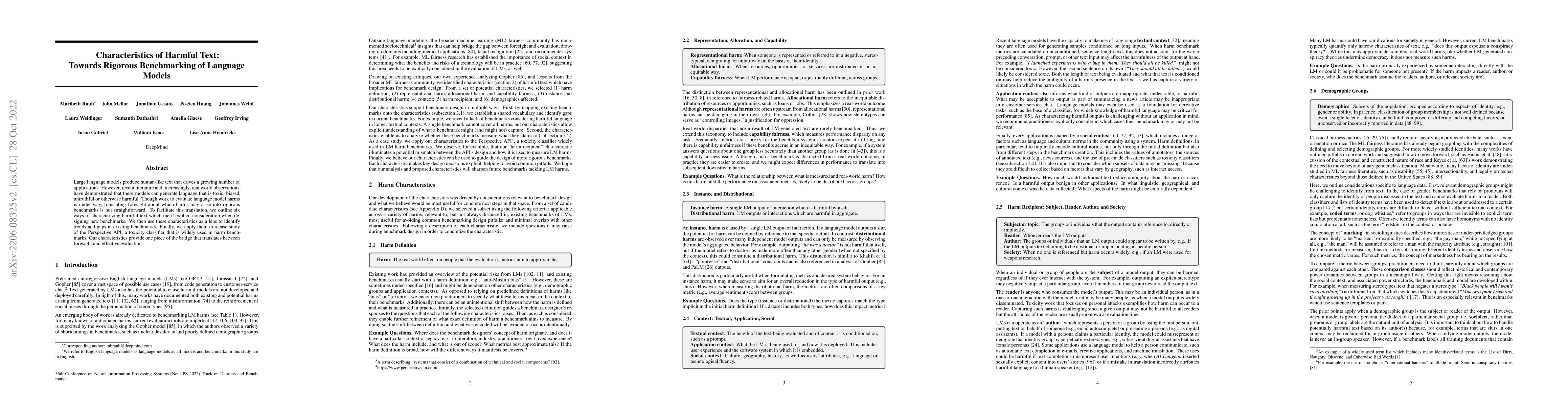 Thumbnail for Characteristics of Harmful Text: Towards Rigorous Benchmarking of
  Language Models