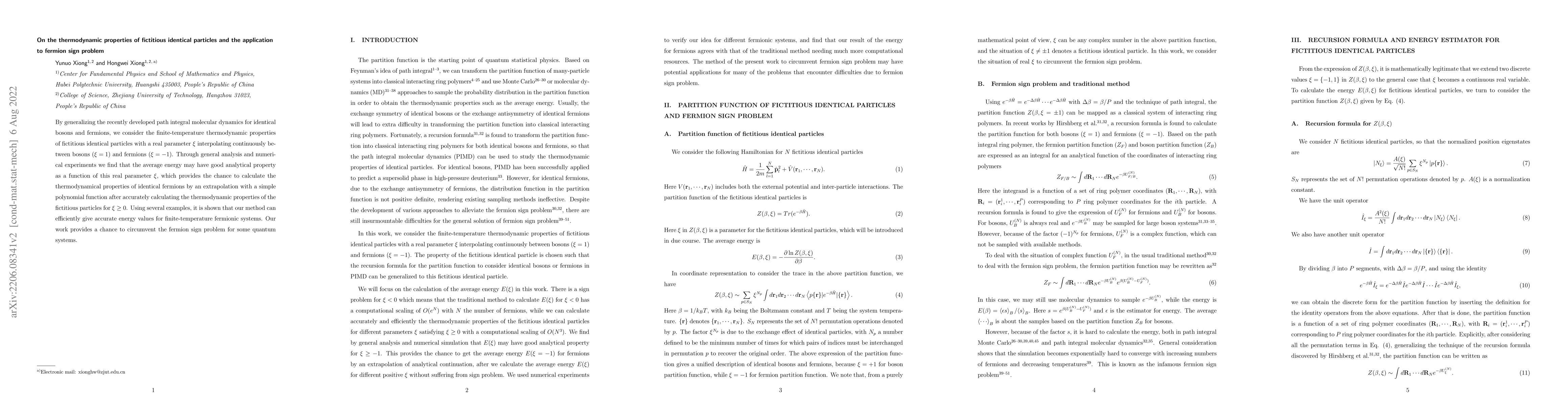 Thumbnail for On the thermodynamic properties of fictitious identical particles and
  the application to fermion sign problem