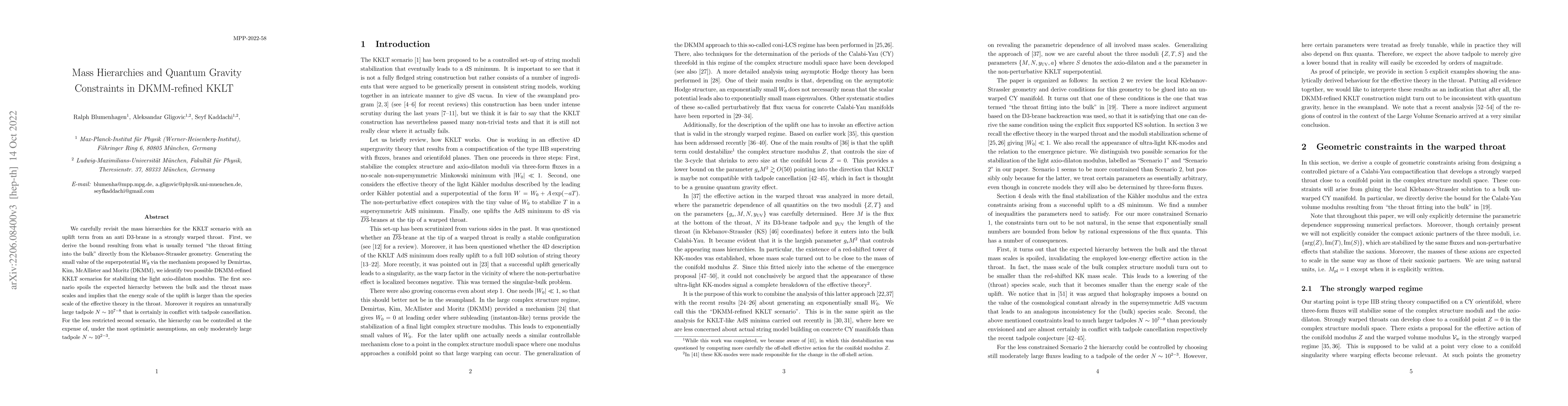 Thumbnail for Mass Hierarchies and Quantum Gravity Constraints in DKMM-refined KKLT