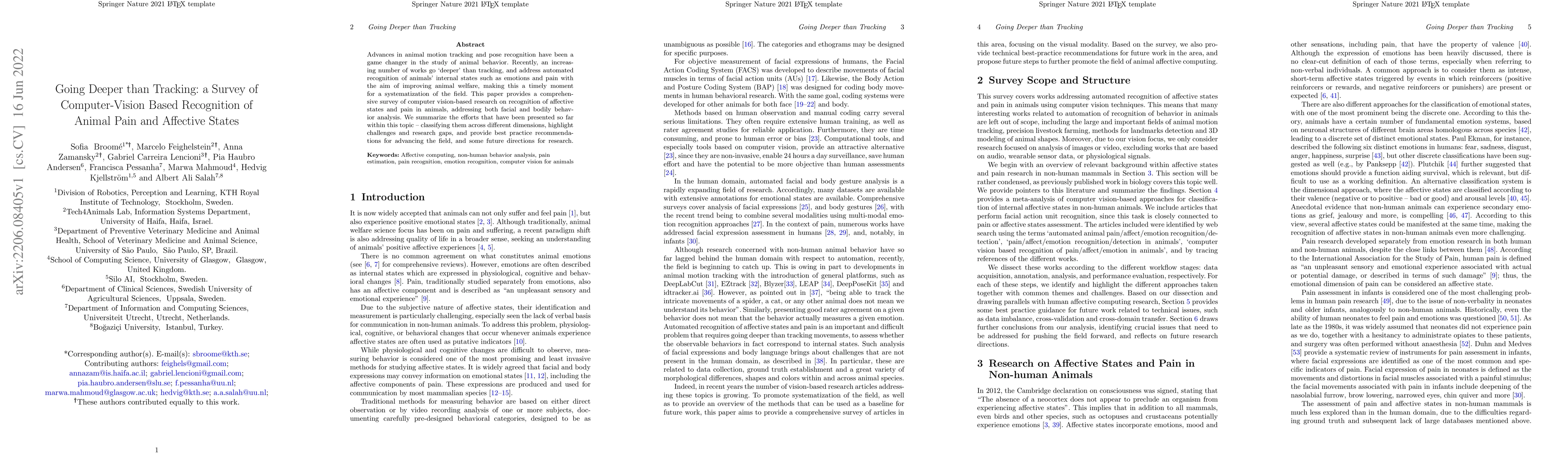 Thumbnail for Going Deeper than Tracking: a Survey of Computer-Vision Based
  Recognition of Animal Pain and Affective States