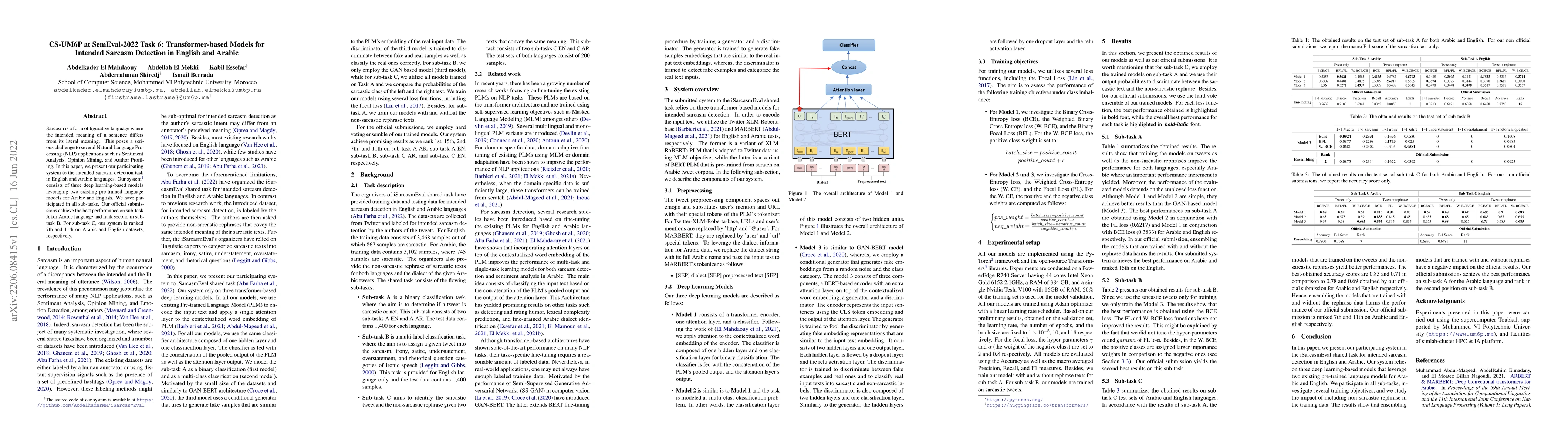 Thumbnail for CS-UM6P at SemEval-2022 Task 6: Transformer-based Models for Intended
  Sarcasm Detection in English and Arabic