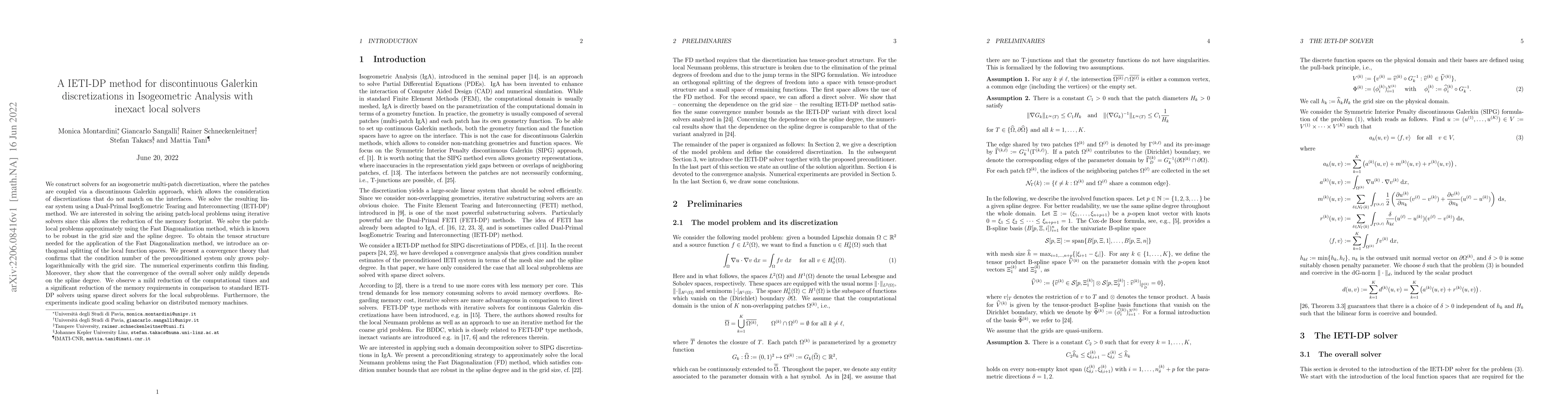 Thumbnail for A IETI-DP method for discontinuous Galerkin discretizations in
  Isogeometric Analysis with inexact local solvers