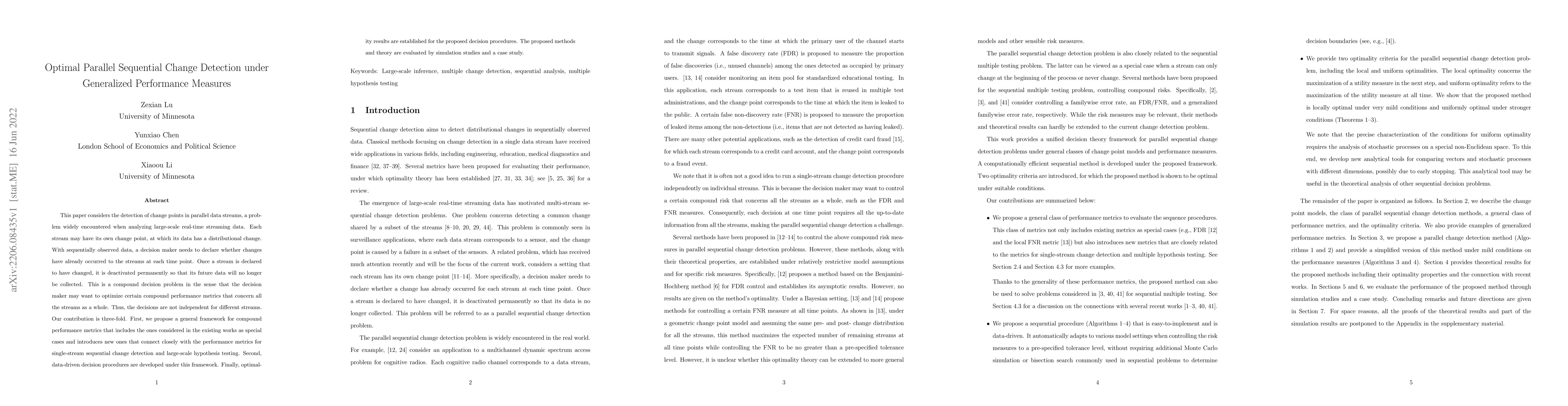 Thumbnail for Optimal Parallel Sequential Change Detection under Generalized
  Performance Measures