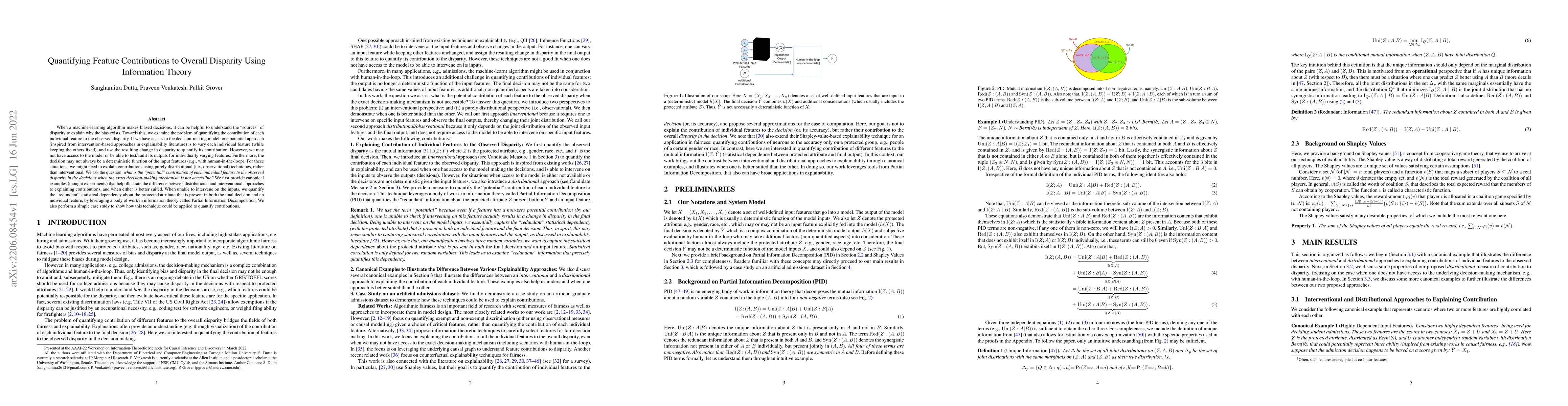 Thumbnail for Quantifying Feature Contributions to Overall Disparity Using Information
  Theory