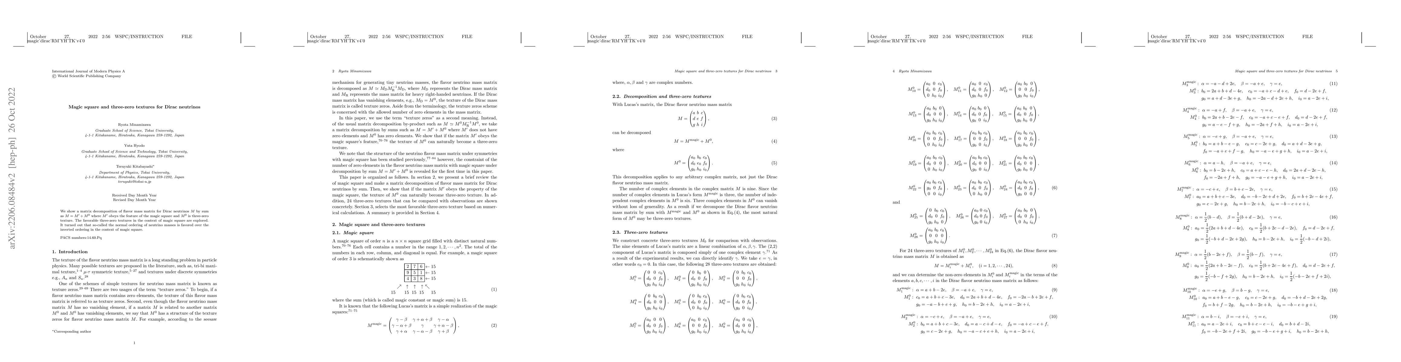 Thumbnail for Magic square and three-zero textures for Dirac neutrinos