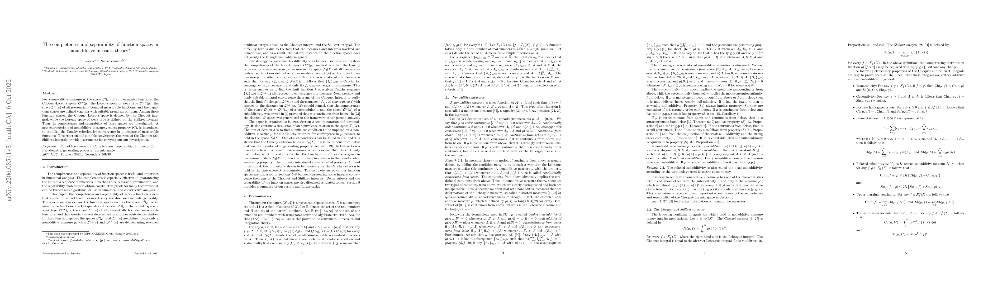 Thumbnail for The completeness and separability of function spaces in nonadditive
  measure theory