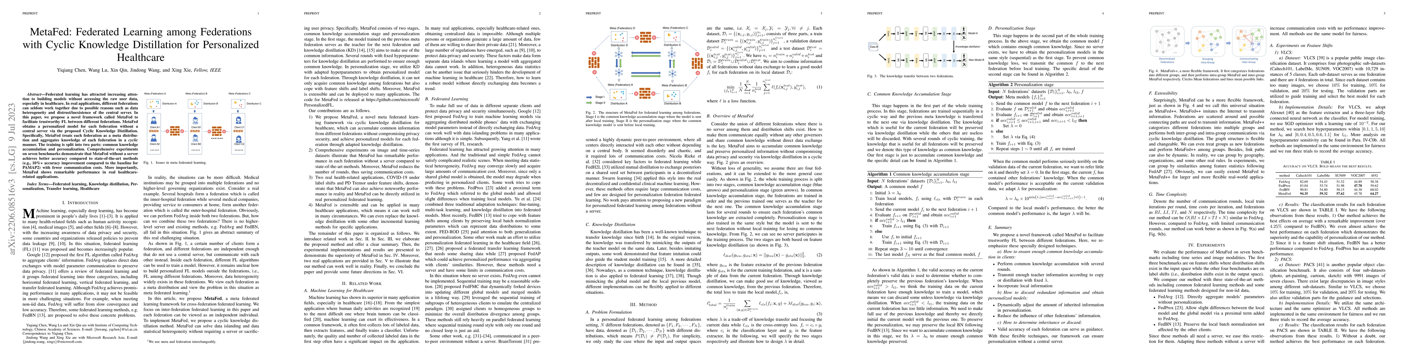 Thumbnail for MetaFed: Federated Learning among Federations with Cyclic Knowledge
  Distillation for Personalized Healthcare