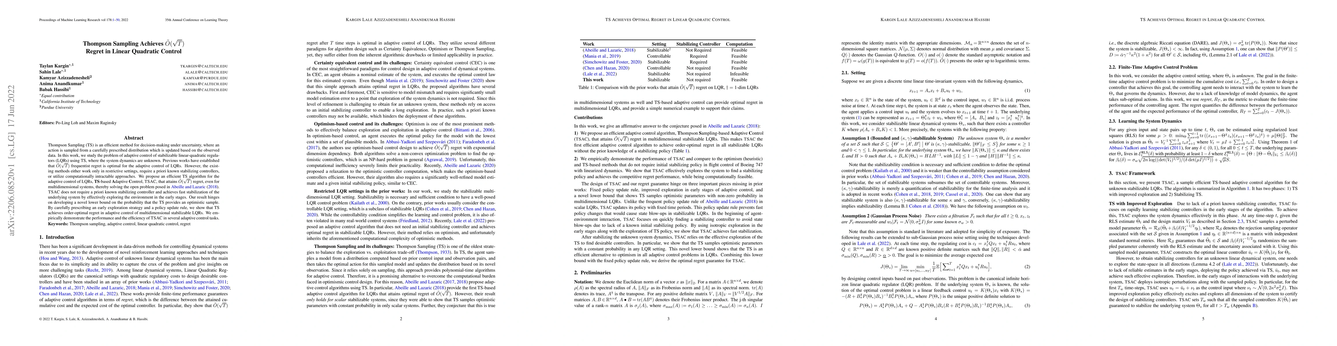 Thumbnail for Thompson Sampling Achieves $\tilde O(\sqrt{T})$ Regret in Linear
  Quadratic Control