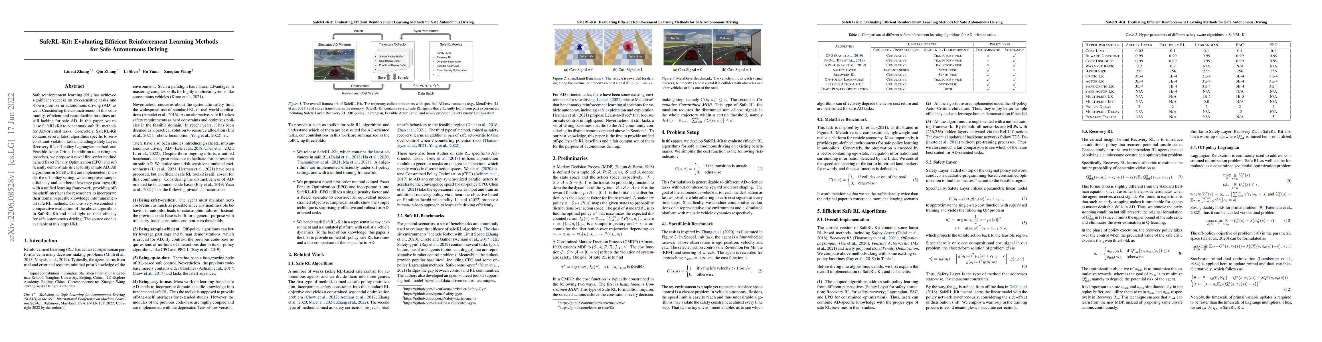 Thumbnail for SafeRL-Kit: Evaluating Efficient Reinforcement Learning Methods for Safe
  Autonomous Driving