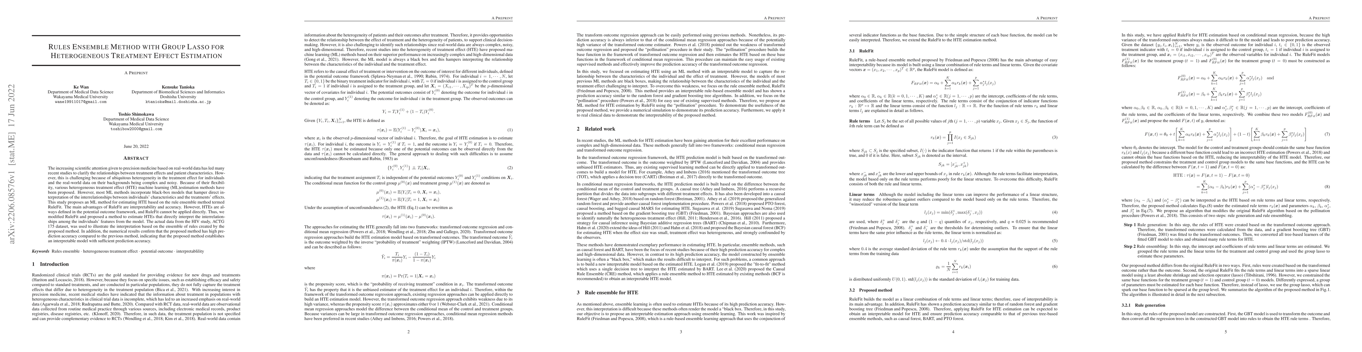 Thumbnail for Rules Ensemble Method with Group Lasso for Heterogeneous Treatment
  Effect Estimation