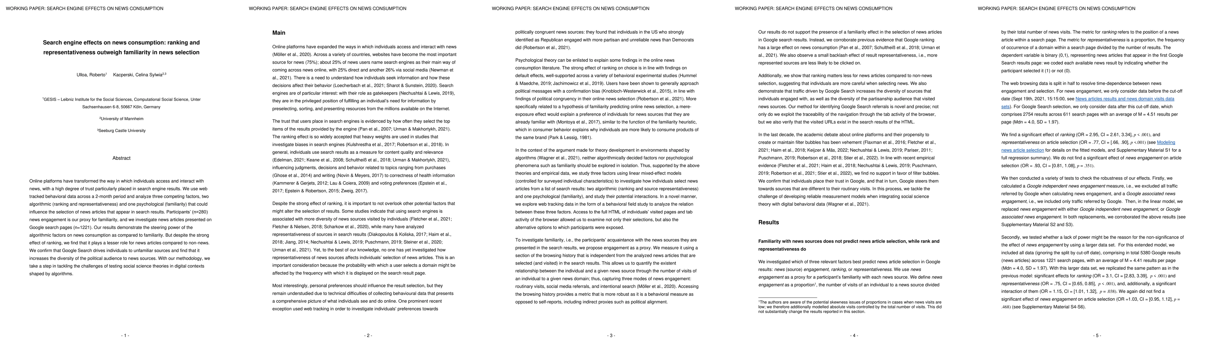 Thumbnail for Search engine effects on news consumption: ranking and
  representativeness outweigh familiarity in news selection