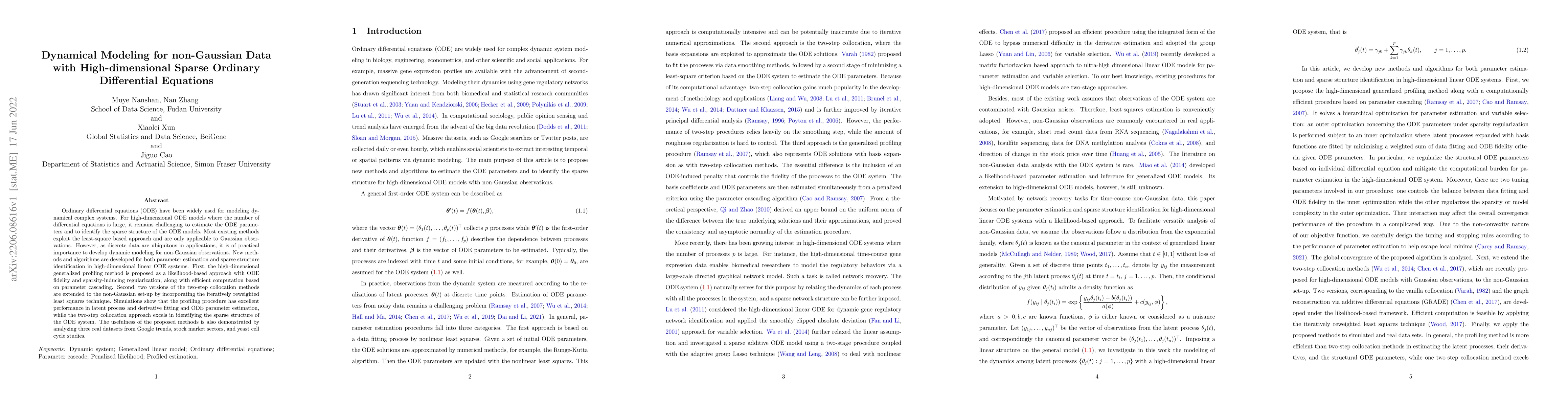 Thumbnail for Dynamical Modeling for non-Gaussian Data with High-dimensional Sparse
  Ordinary Differential Equations