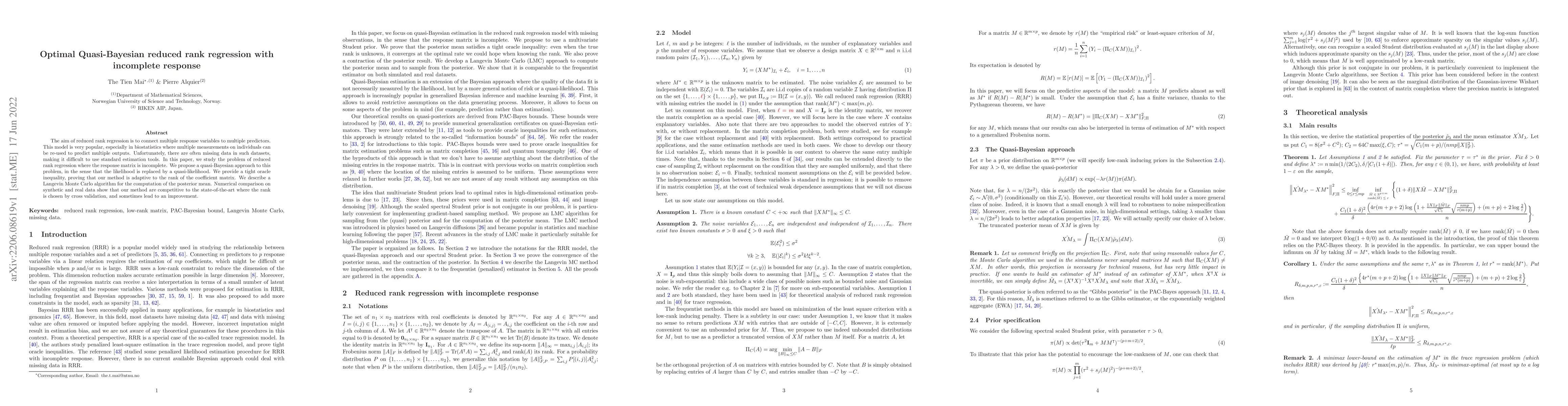 Thumbnail for Optimal quasi-Bayesian reduced rank regression with incomplete response
