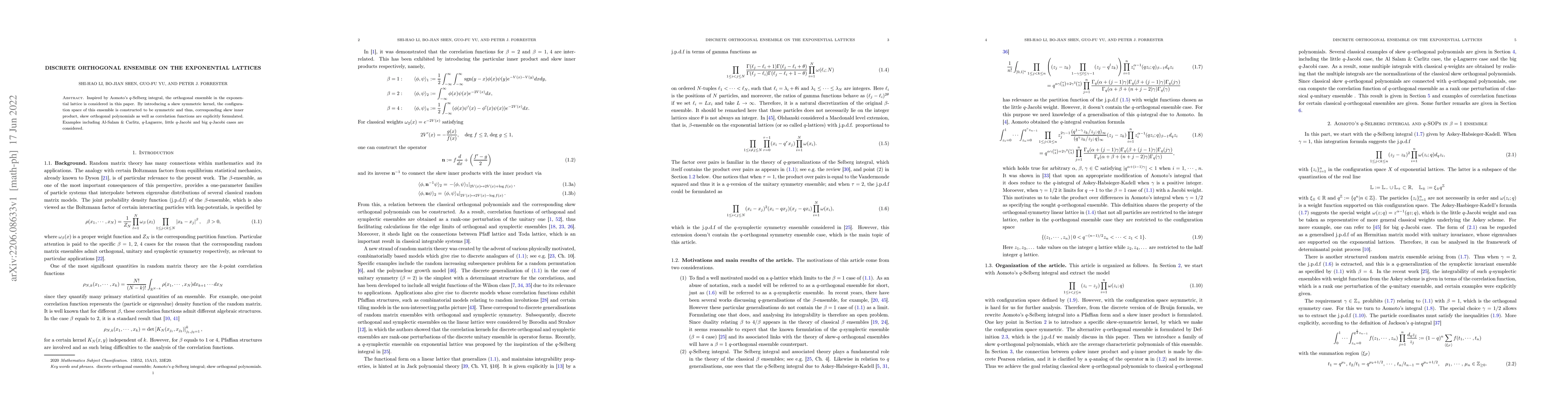 Thumbnail for Discrete orthogonal ensemble on the exponential lattices