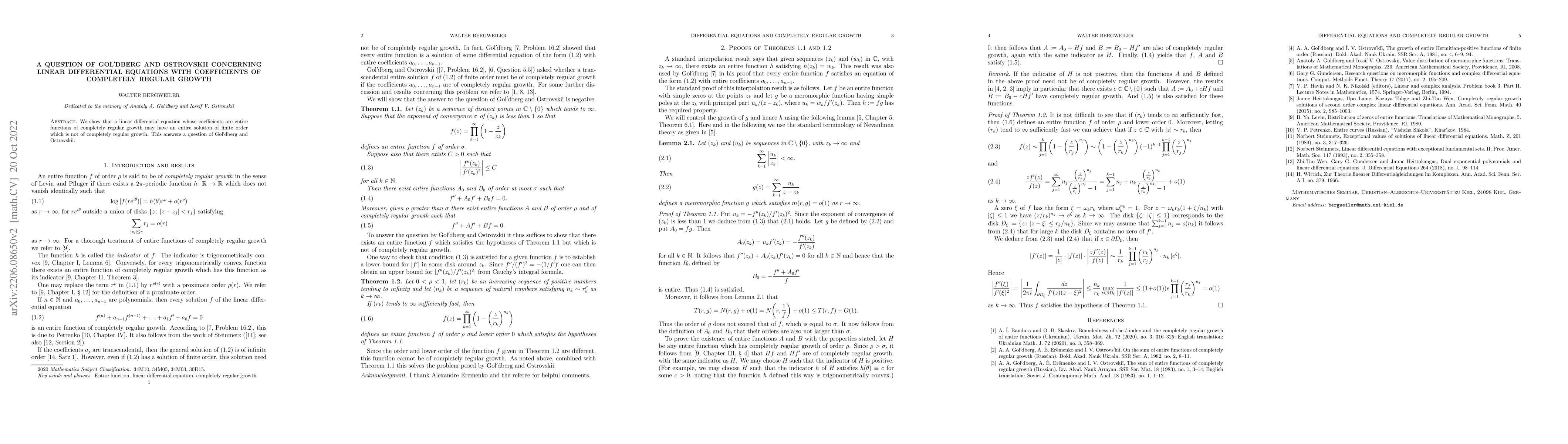Thumbnail for A question of Gol'dberg and Ostrovskii concerning linear differential
  equations with coefficients of completely regular growth