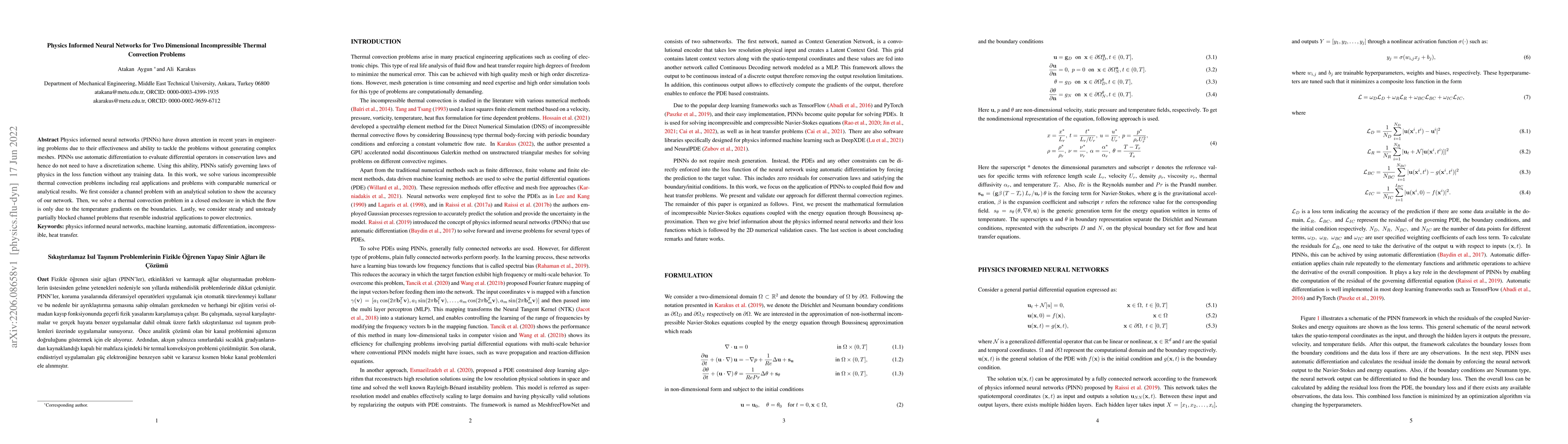 Thumbnail for Physics Informed Neural Networks for Two Dimensional Incompressible
  Thermal Convection Problems