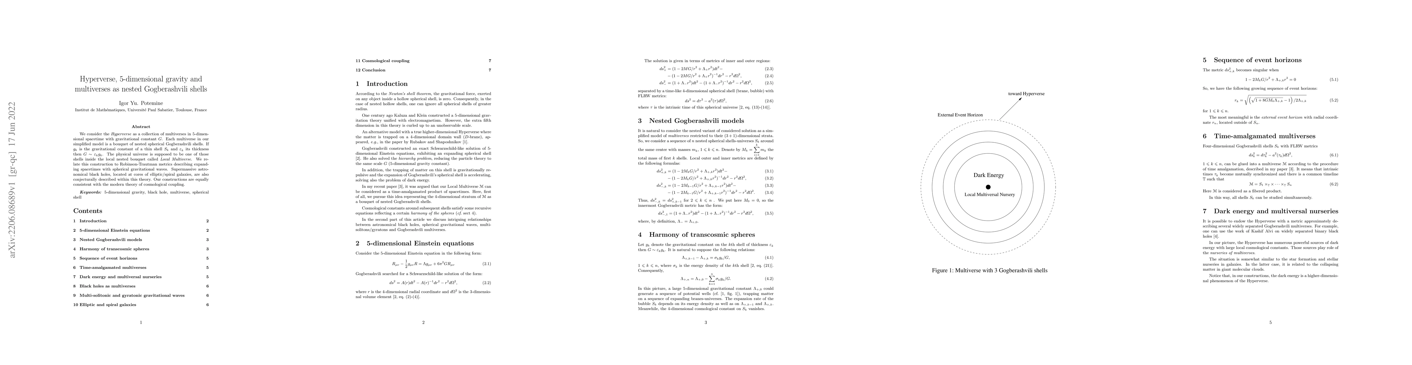 Thumbnail for Hyperverse, 5-dimensional gravity and multiverses as nested
  Gogberashvili shells