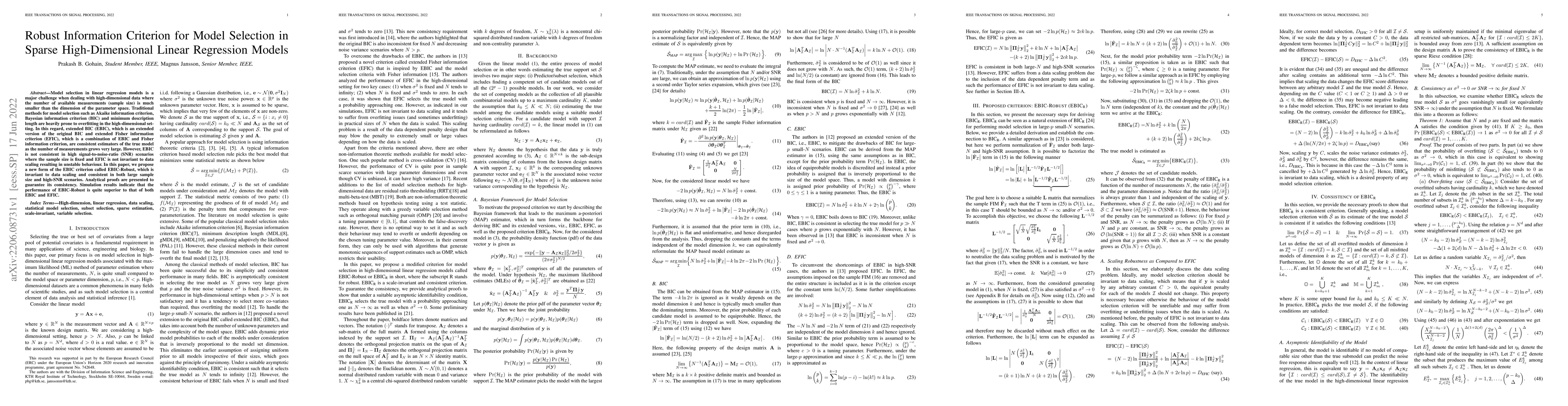 Thumbnail for Robust Information Criterion for Model Selection in Sparse
  High-Dimensional Linear Regression Models