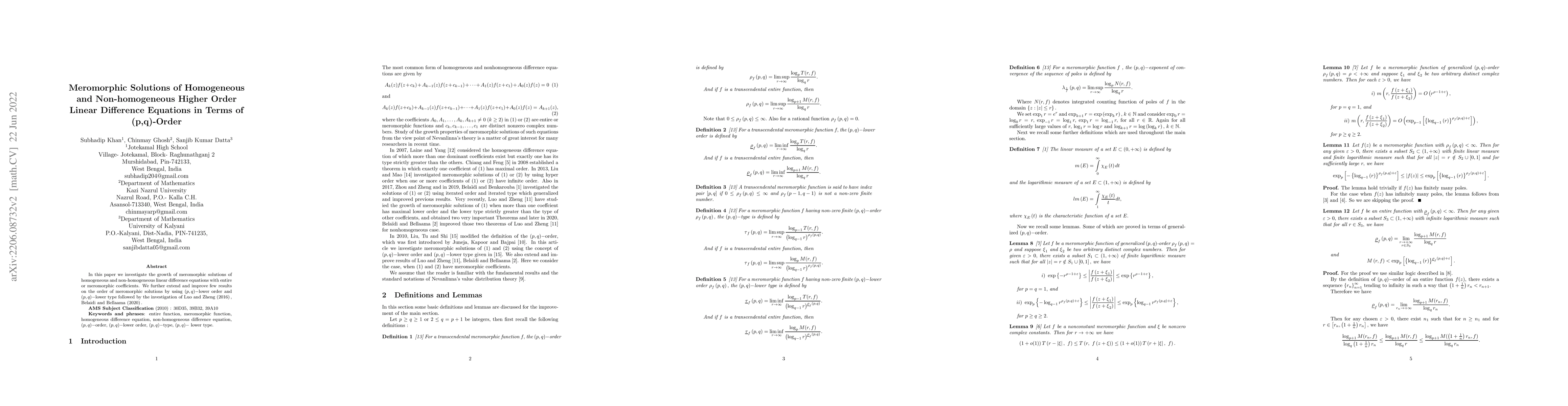 Thumbnail for Meromorphic Solutions of Homogeneous and Non-homogeneous Higher Order
  Linear Difference Equations in Terms of (p,q)-Order