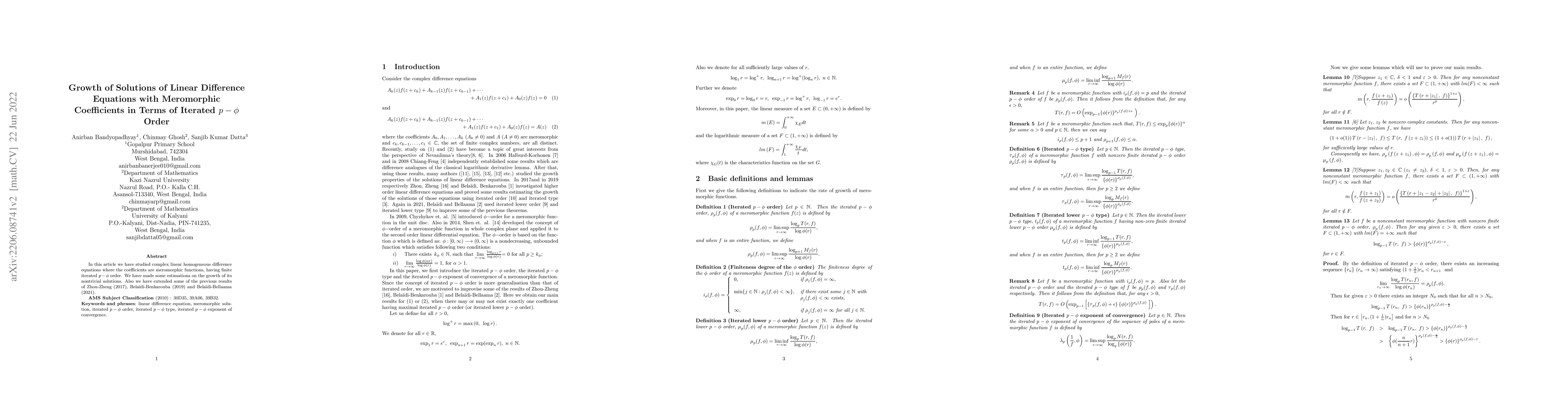 Thumbnail for Growth of Solutions of Linear Difference Equations with Meromorphic
  Coefficients in Terms of Iterated p-phi Order